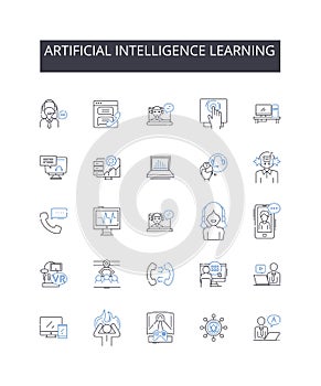 Artificial intelligence learning line icons collection. Machine learning, Cognitive computing, Deep learning, Predictive
