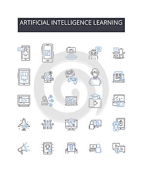 Artificial intelligence learning line icons collection. Machine learning, Cognitive computing, Deep learning, Predictive