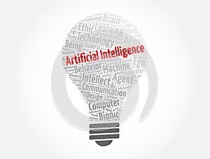 Artificial Intelligence light bulb word cloud collage, concept background