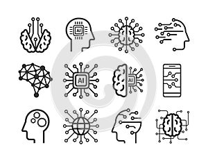 Artificial intelligence line icons. AI technology: internet, solving, algorithm, vector illustration