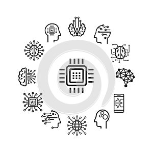 Artificial intelligence line icons. AI technology: internet, solving, algorithm, vector illustration