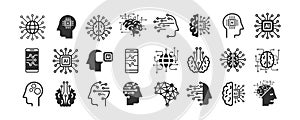 Artificial intelligence line icons. AI technology: internet, solving, algorithm, vector illustration