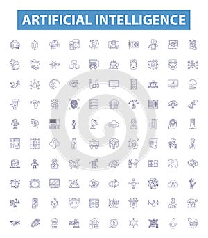 Artificial intelligence line icons, signs set. AI, Robotics, Machine Learning, Automation, Algorithms, Computation