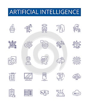 Artificial intelligence line icons signs set. Design collection of AI, Robotics, Machine Learning, Automation