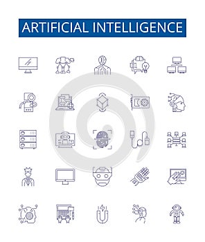 Artificial intelligence line icons signs set. Design collection of AI, Robotics, Machine Learning, Automation