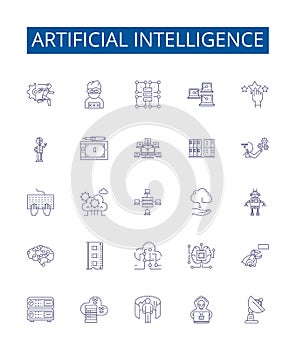 Artificial intelligence line icons signs set. Design collection of AI, Robotics, Machine Learning, Automation