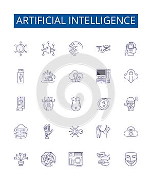Artificial intelligence line icons signs set. Design collection of AI, Robotics, Machine Learning, Automation