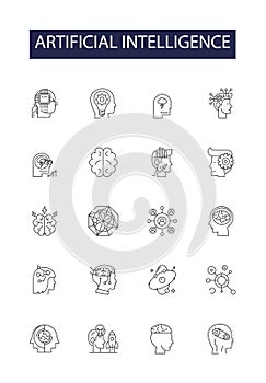 Artificial intelligence line vector icons and signs. Robotics, Machine Learning, Automation, Natural Language Processing