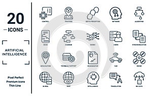 artificial.intelligence linear icon set. includes thin line control, book, geolocation, global, big data, bionic, drone icons for