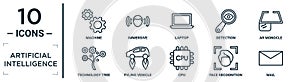 artificial.intelligence linear icon set. includes thin line machine, laptop, ar monocle, fyling vehicle, face recognition, mail,