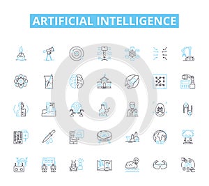 Artificial intelligence linear icons set. Algorithms, Automation, Big data, Chatbots, Cognitive, Complexity