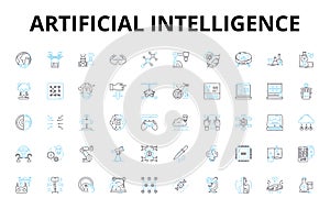 Artificial intelligence linear icons set. Algorithms, Automation, Big data, Chatbots, Cognitive, Complexity