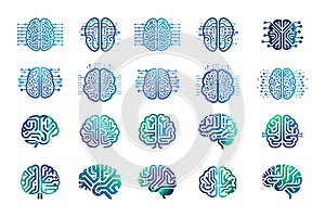 Artificial intelligence logo gradient vector set. Digital mind consciousness thinking machine intelligence printed