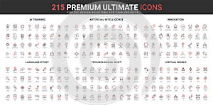 Artificial intelligence, machine learning and AI brain training, innovation line icon set