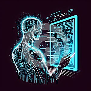 Artificial intelligence machine learning AI with a tablet bioluminal transparent view on blue technology background