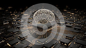 Artificial intelligence and machine learning concept. illustration of a human brain on a computer processor chip.