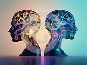 Artificial Intelligence, Machine learning, Human robot and human brain with machine on big data network connection, Data exchange