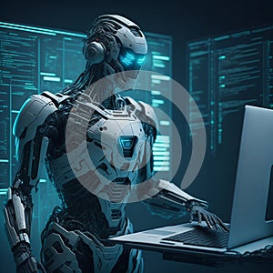 Artificial Intelligence, Machine learning, Human robot and human brain with machine on big data network connection, Data exchange