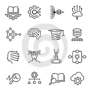 Artificial intelligence machine learning icon line art vector smart robotic cloud computing network