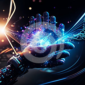 Artificial intelligence and machine learning technology concept. Futuristic robot hand with digital hologram on dark background. 3