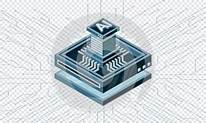 Artificial intelligence micro chip illustration. Quantum computing. Artificial intelligence computer. Isometric machine