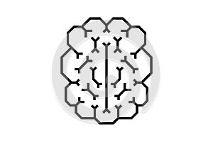 Artificial Intelligence microchip digital graphic brain. AI chip board circuit line icon. Neural networks processor line