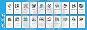 Artificial Intelligence mobile screens set. Robotics, Chatbot, Database, Big Data vector banner template for website and