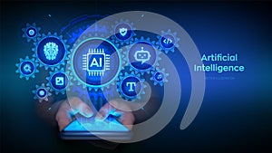 Artificial Intelligence and mobile technology concept. AI application. Using AI on smartphone for live translate, generative edit