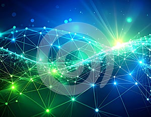 Artificial Intelligence Network Background with Green and Blue Gradient Light