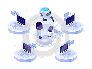 Artificial intelligence network. Virtual AI bot, chat with computer assistant and machine learning isometric vector