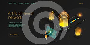 Artificial intelligence or neural network concept in isometric vector illustration. Neuronet or ai technology background with