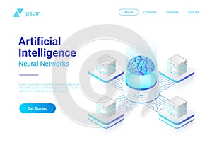 Artificial Intelligence Neural Network with Digital Brain concept isometric flat vector illustration.