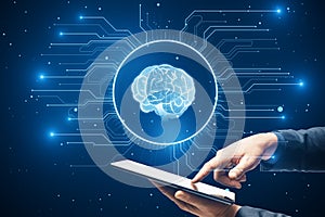Artificial intelligence and neural network technology concept with finger pushing button on digital tablet and human brain icon