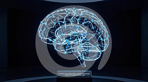 Artificial Intelligence Neural Network Visualization. Complex three-dimensional lattice structure of interconnected glowing blue