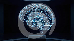 Artificial Intelligence Neural Network Visualization. Complex three-dimensional lattice structure of interconnected glowing blue