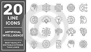 Artificial Intelligence outline icon set with machine learning, smart robotic, cloud computing, network, deep learning