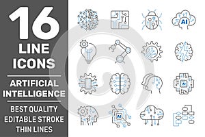 Artificial Intelligence outline icons set. AI technology, IIoT, cyberbrain and AI brain concept. Editable Stroke