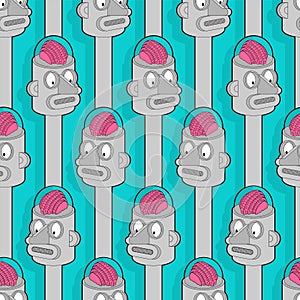 Artificial Intelligence pattern seamless. Robot with brain background. Retro robot head amd brains. vector texture