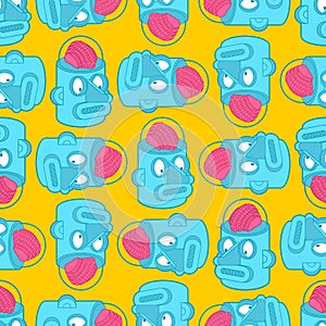 Artificial Intelligence pattern seamless. Robot with brain background. Retro robot head amd brains. vector texture photo