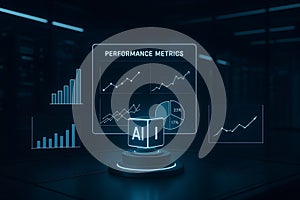 Artificial intelligence performance metrics visualization showing data analytics charts and graphs representing ai efficiency and
