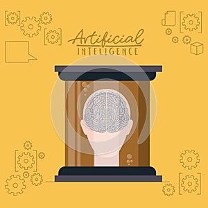 Artificial intelligence poster with human head silhouette with brain in front view in transparent container in yellow