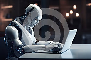 AI Robot sitting on a desk, working and typing, using a laptop photo