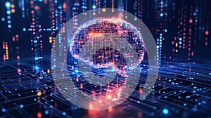 Artificial intelligence processing data in a virtual brain floating above a circuit board