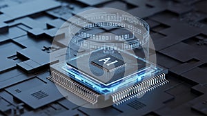 A close-up view of a black artificial intelligence processor chip