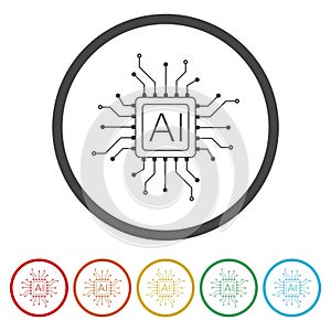 Artificial intelligence processor icon. Set icons in color circle buttons