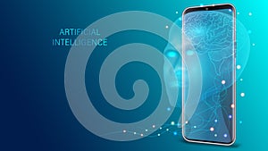 Artificial intelligence provide access to information and data in online networks smartphone. AI in the form of face cyborg coming