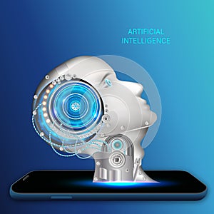 Artificial intelligence provide access to information and data in online networks smartphone. AI in the form of face man cyborg or
