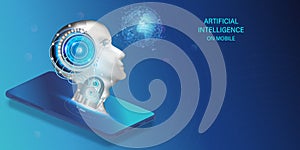 Artificial intelligence provide access to information and data in online smartphone or on mobile. AI in the form of face man