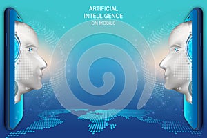 Artificial intelligence provide access to information and data in online smartphone or on mobile. AI in the form of face man