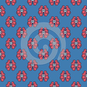 Artificial Intelligence Red Brain vector AI Mind colored seamless pattern